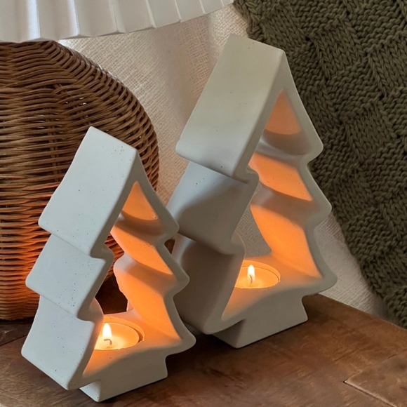 Hand Made White Concrete Christmas Tree Candle Holders - Picture 4 of 6